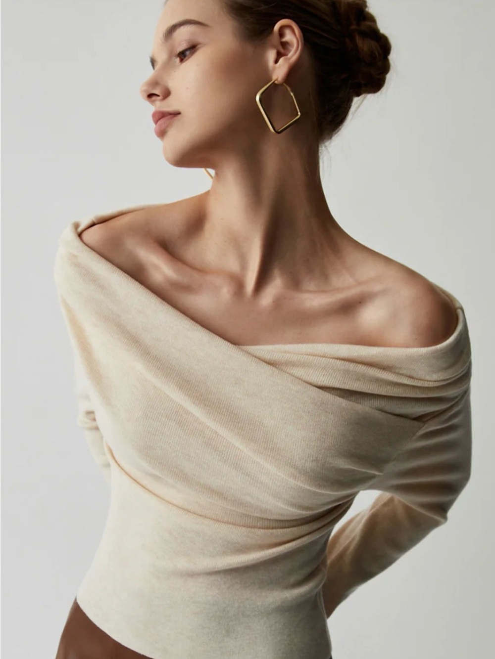 Commense Off-the-Shoulder Cream Wrap Sweater